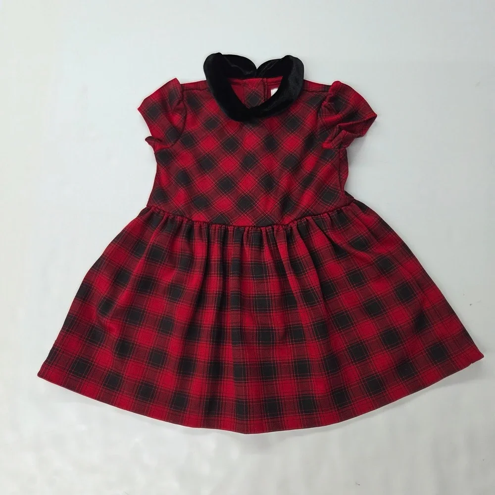 Ralph Lauren Baby Girls 9M Red Black Plaid Tartan‎ Dress Velvet Collar Holiday
